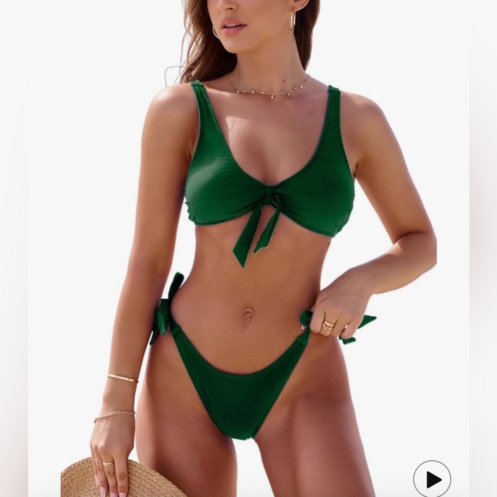 Emerald Green Tie-Front Top Cheeky Side Tie Bottoms Sexy Bikini Set Small NWT